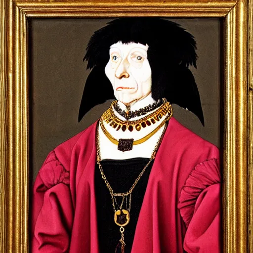 Image similar to a highly detailed painting of a raven dressed in an elegant embroidered vest, using a golden tudor necklace, in a room with thick red tapestries, by hans holbein