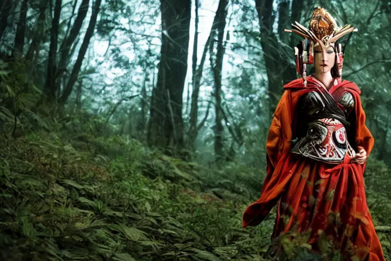 Image similar to vfx movie scene closeup nomad cyborg warrior viking geisha in a smoldering forest. by emmanuel lubezki