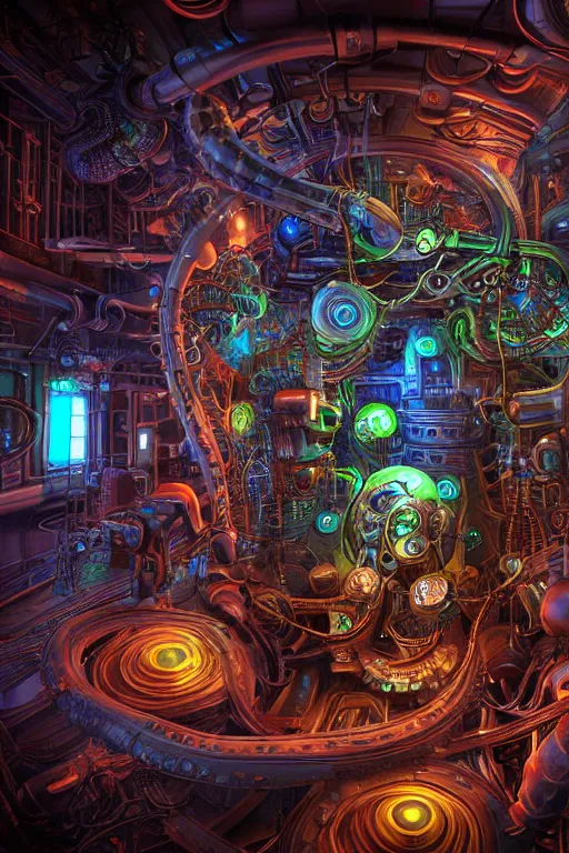 Prompt: portrait of humongous cyberpunk octopus inside a huge steampunk engine, symmetric, body full glowing vacuum tubes, realistic digital art, 3 d render of futuristic steampunk generators, 8 k, fluorescent colors, halluzinogenic, multicolored, exaggerated detailed, unreal engine