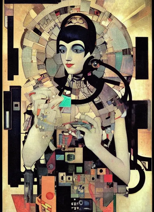 Image similar to cute punk goth fashion fractal alien martian girl with a television head wearing kimono made of circuits and leds, surreal Dada collage by Man Ray Kurt Schwitters Hannah Höch Alphonse Mucha