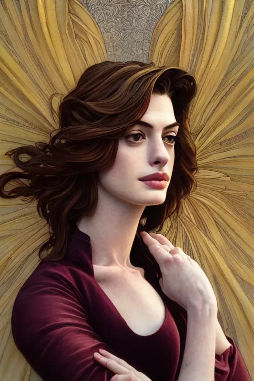 Image similar to very very beautiful longshot photo of anne hathaway, intricate, elegant, highly detailed, artstation, concept art, smooth, sharp focus, illustration, art by artgerm and moebius and alphonse mucha