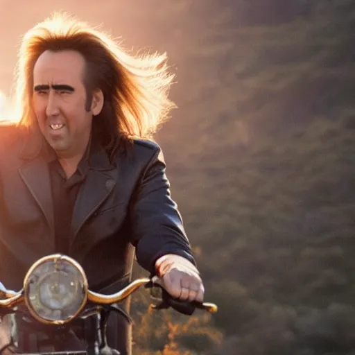 Prompt: Nicolas Cage with golden hair riding into the sunset, golden hour, heavenly lighting, dramatic