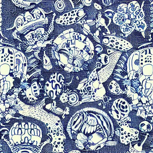 Image similar to willow pattern of flowers and aliens by giger