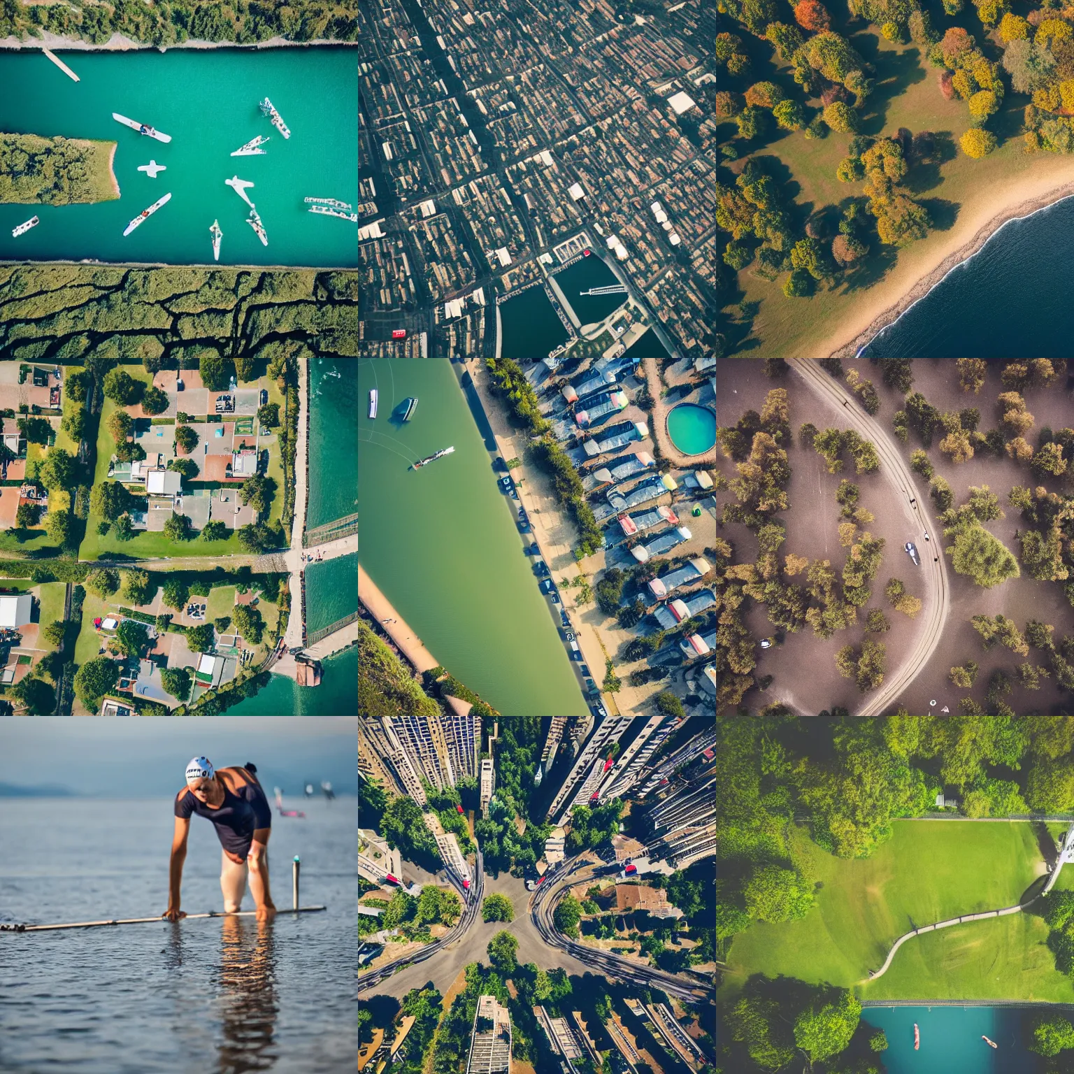 Prompt: cinematic aerial or elevated birds eye views people involved in healthy activities. Shoot groups or singles in fields, sporting courts or tracks, swimming or sailing in open water, jogging/walking in the city or other inspiring environments.