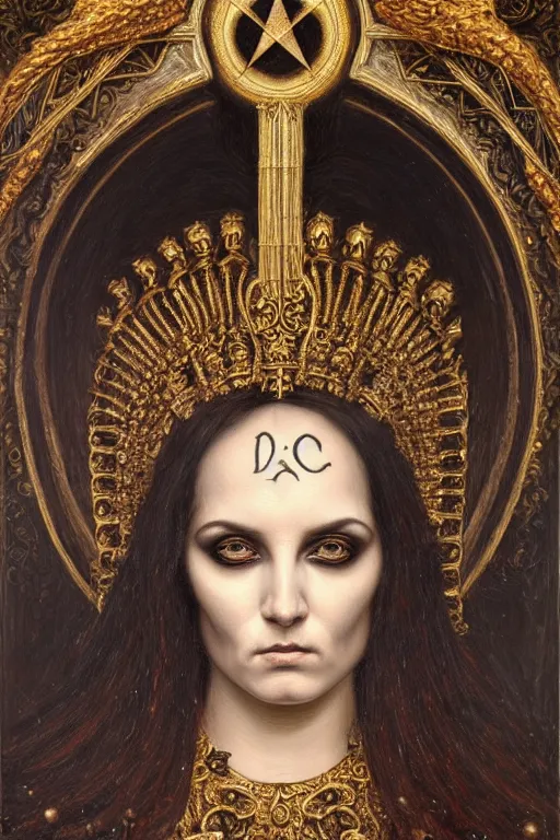 Prompt: hyper realistic painting portrait of the black metal queen, occult diagram, elaborate details, detailed face, intrincate ornaments, gold decoration, occult art, oil painting, art noveau, in the style of roberto ferri, gustav moreau, jean delville, bussiere, andrew gonzalez