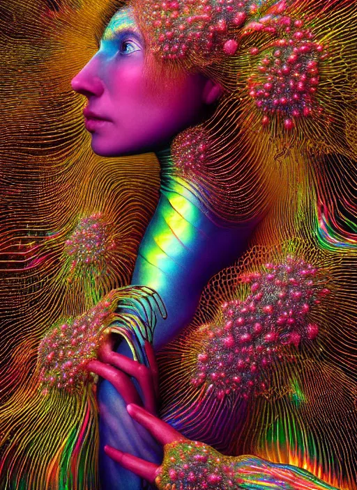 Image similar to hyper detailed 3d render like a Oil painting - Aurora (metallic iridescent rainbow faced Singer) seen Eating of the Strangling network of yellowcake aerochrome and milky Fruit and Her delicate Hands hold of gossamer polyp blossoms bring iridescent fungal flowers whose spores black out the foolish stars by Jacek Yerka, Mariusz Lewandowski, Houdini algorithmic generative render, Abstract brush strokes, Masterpiece, Edward Hopper and James Gilleard, Zdzislaw Beksinski, Mark Ryden, Wolfgang Lettl, hints of Yayoi Kasuma, octane render, 8k