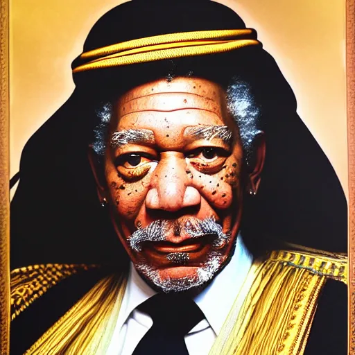 Image similar to a detailed fantasy character portrait of morgan freeman as saudi arab king by lauri blank, artgerm, evelyn de morgan, 8K, 50mm lens