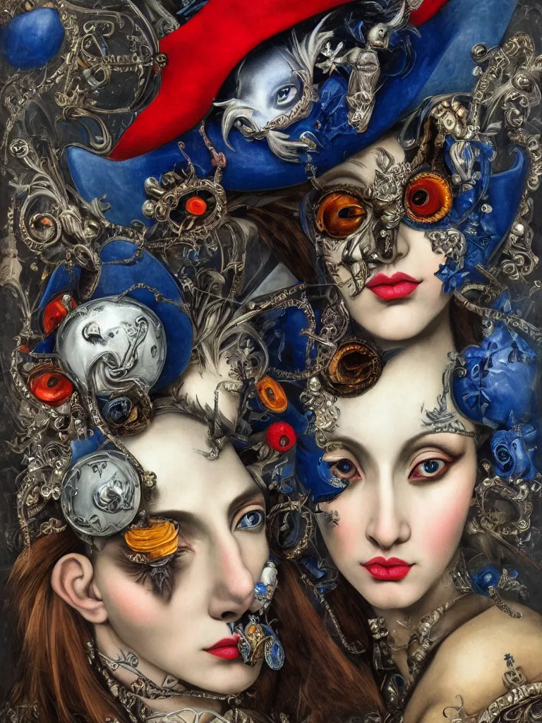 Image similar to Detailed maximalist stunning portrait of gorgeous dark elf with beautiful blue piercing eyes dressed in a jester’s hat with a monocle, HD mixed media, 3D collage, highly detailed and intricate, masterpiece, award-winning, surreal illustration in the style of Caravaggio, dark art, baroque