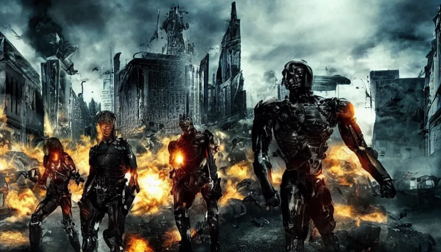 Image similar to big budget action movie about demonic battle cyborgs destroying a city