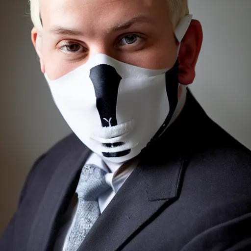 Image similar to portrait of a suited blond with medical gloves and a skull face mask.