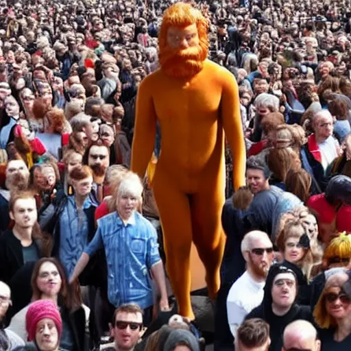 Image similar to a 7 0 foot tall ginger man walking among the crowd