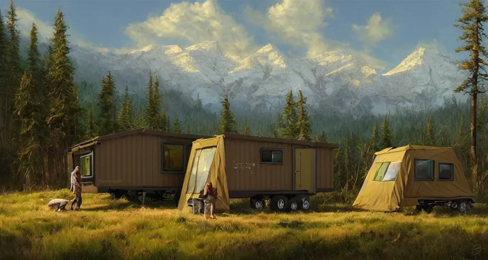 Image similar to cabela's beautiful comfortable community of modular insulated wall container home kit - house all weather military grade family dwelling tent house, person in foreground, mountainous forested wilderness open fields, beautiful views, painterly concept art, environmental concept art, concept art illustration, by james gurney, by craig mullins, by greg rutkowski trending on artstation