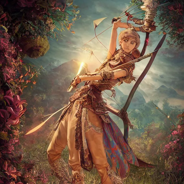 Image similar to the portrait of lawful neutral semi - colorful female archer huntress as absurdly beautiful, gorgeous, elegant, young girl, an ultrafine hyperdetailed illustration by kim jung gi, irakli nadar, intricate linework, bright colors, octopath traveler, final fantasy, unreal engine 5 highly rendered, global illumination, radiant light, detailed and intricate environment