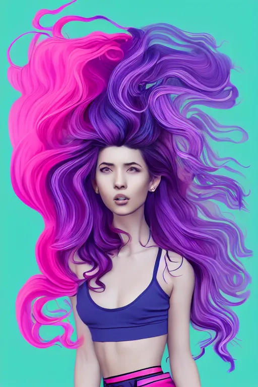 Prompt: a award winning half body porttrait of a beautiful woman in a croptop and cargo pants with ombre purple pink teal hairstyle with head in motion and hair flying, outrun, vaporware, shaded flat illustration, digital art, trending on artstation, highly detailed, fine detail, intricate