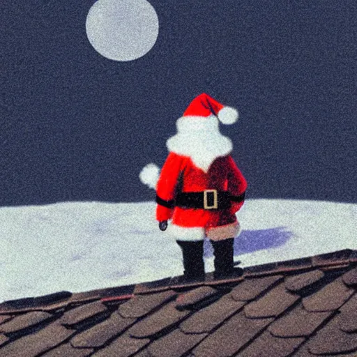Image similar to a grainy realistic photograph of santa ontop of a rooftop climbing down a chimney at night, shot on an old polaroid camera, grainy vhs texture 4 k, realistic, unreal engine 5, sharp details, 3 0 0 dpi