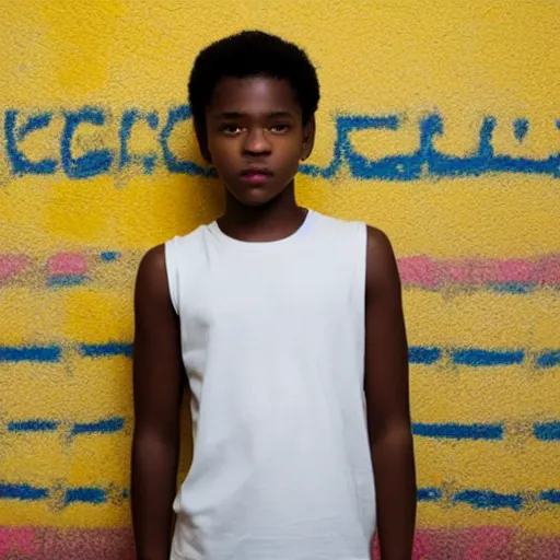 Image similar to black teenage boy wearing a white tank top, standing in a room with yellow walls and brown carpet