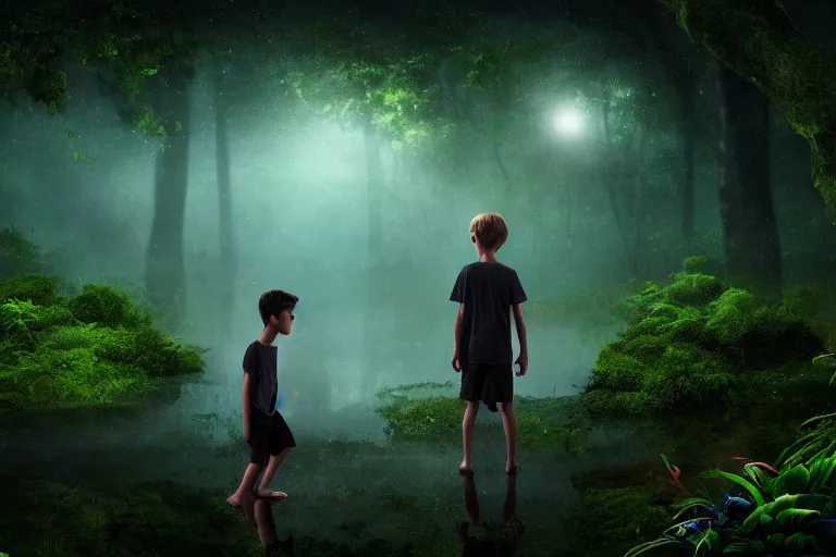 Image similar to boy in a conversation with his ethereal soul in the middle of a rain forest at night, realistic, obscure, dramatic scene, matte painting