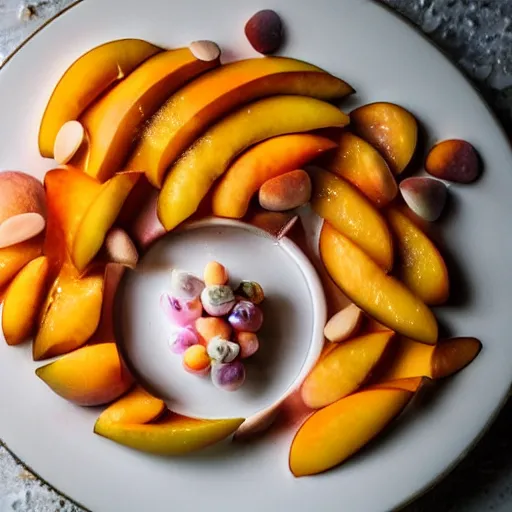 Image similar to beautiful photo a fairy made of peaches, mangoes and sprinkles, on a white plate, dslr