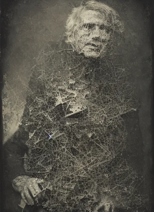 Image similar to old wetplate daguerreotype archetype portrait of a architect, explosion of data fragments, fractal, intricate, elegant, highly detailed, parallax, leica, medium format, subsurface scattering, by jheronimus bosch and greg rutkowski and louis jacques mande daguerre