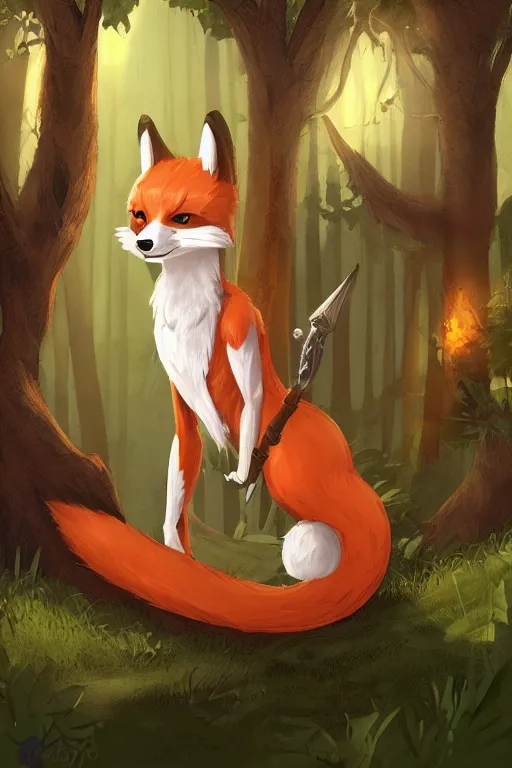 Prompt: a medieval anthropomorphic fox furry fursona with a fluffy tail in a forest, backlighting, trending on artstation, cartoon, trending on furaffinity, furry art, realistic