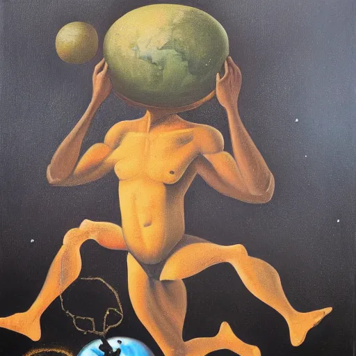 Image similar to a surrealist oil painting of a black man depicted as atlas, struggling to continue carrying the weight of the world, in the style of jean - marquett