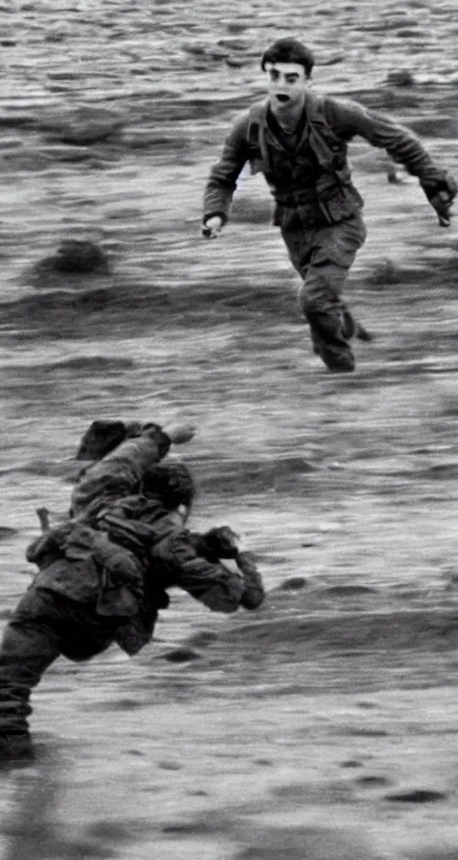 Prompt: film still of Daniel Radcliffe storming Normandy beach in Saving Private Ryan