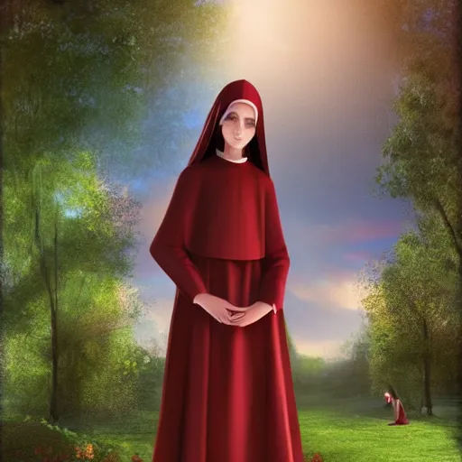 Prompt: young nun with light red long hair standing in a garden, 4k, detailed face, detailed body, detailed clothes, high details, 2d, art