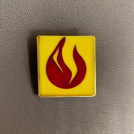 Image similar to a square enamel pin of a retro minimalistic fire flame warning label, smooth curves