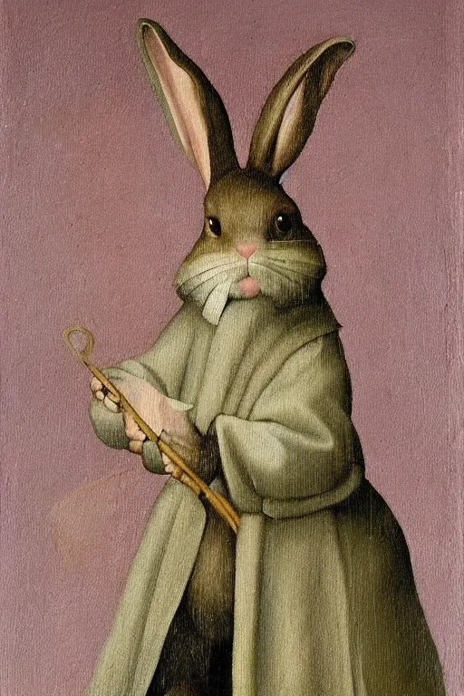 Image similar to silly hieronymus bosch oil painting portrait of a bunny in a coat. muted colour palette