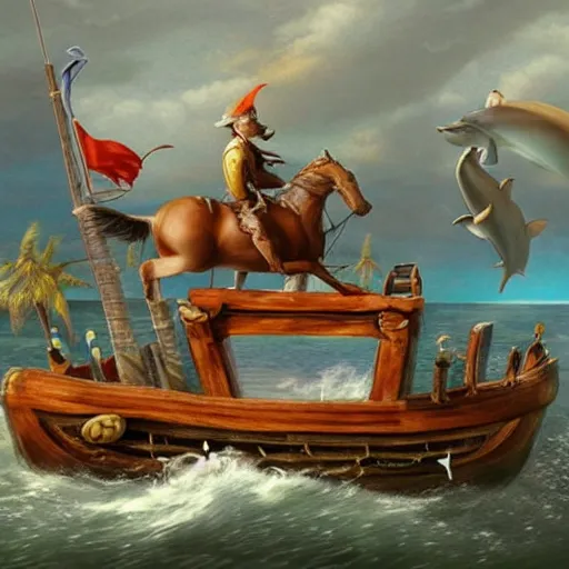 Prompt: a pirate horse riding a horse dolphin.