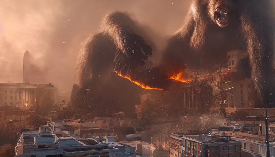 Image similar to giant bigfoot destroying washington dc, debris, collapsed buildings, burning white house, hyperdetailed, artstation, cgsociety, 8 k