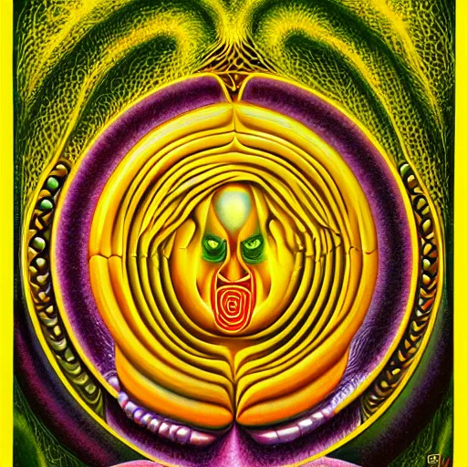 Image similar to Alex Grey painting of a lemon god, highly detailed, symmetrical, trending on artstation