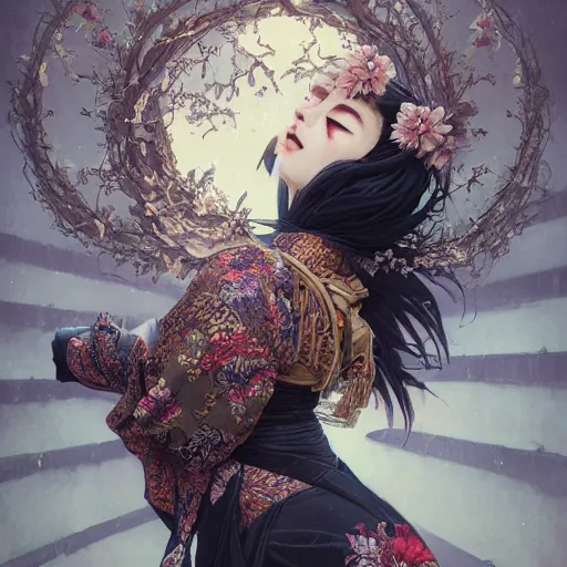 Image similar to a photorealistic dramatic fantasy render of a beautiful woman wearing a beautiful intricately detailed japanese crow kitsune mask and clasical japanese kimono by wlop, artgerm, greg rutkowski, alphonse mucha, beautiful dynamic dramatic dark moody lighting, shadows, cinematic atmosphere, artstation, concept design art, octane render, 8 k