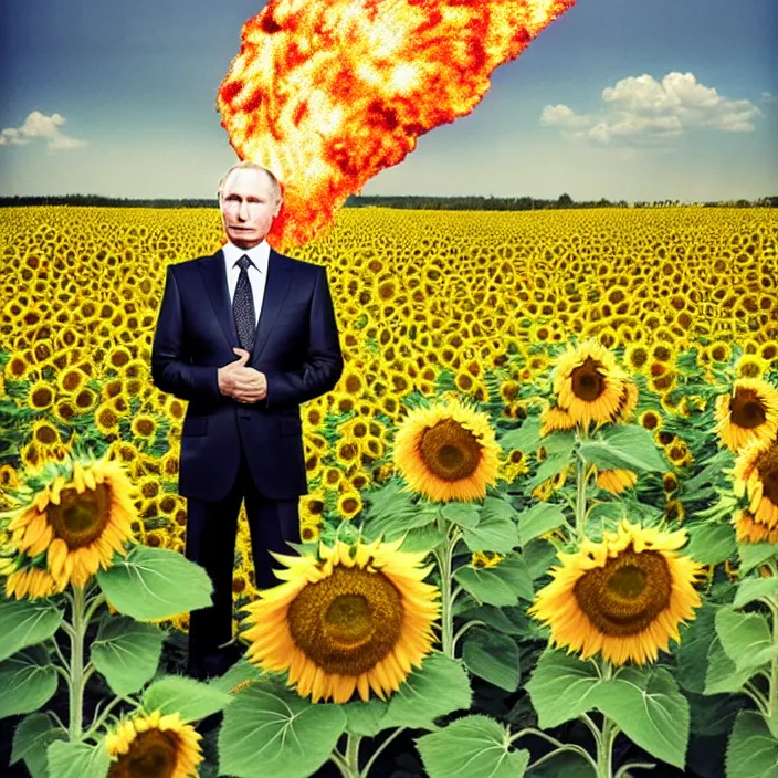 Prompt: photo portrait of Vladimir Putin in sunflower field, dressed in shirt with ornamental ethereal sunflower pattern, natural skin tone, explosion and fire in the background, elegant, Realistic, Refined, Highly Detailed, natural soft pastel lighting colors scheme, fine art photography by Cecil Beaton, volumetric lighting, hyper realistic photography