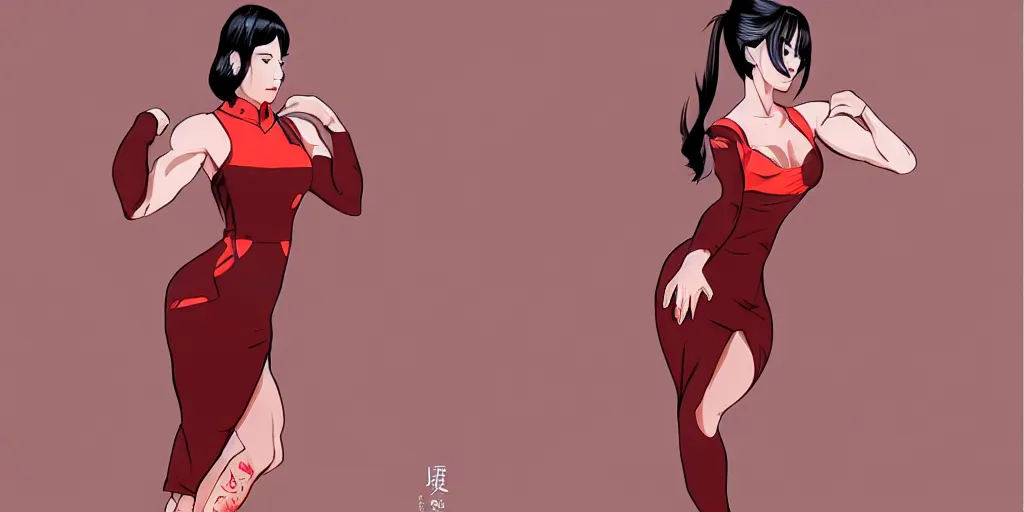 Prompt: beautiful muscular fitness model wearing qipao dress, atmospheric, in the style of Ilya Kuvshinov