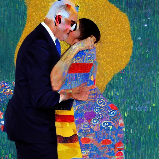 Image similar to Joe Biden kissing Barack Obama in the style of Gustav Klimt