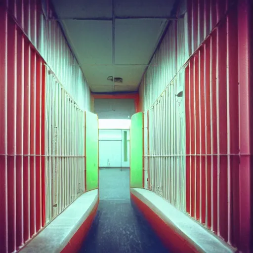 Prompt: noisy color photograph of a retrofuturist liminal space, laboratory, prison, red lights, minimalist, cinematic, soft vintage glow