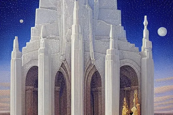 Image similar to the temple of truth is white, whole, holy and beautiful, but is surrounded by a crater of ruin and desolation. it's spire reaches up to the heavens and is topped with a gold statue. | painting by rob gonsalves. intricate detail. stark contrast. landscape painting. trending on artststion