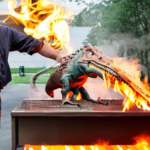 Image similar to photo of a chef roasting a realistic dinosaur on a grill