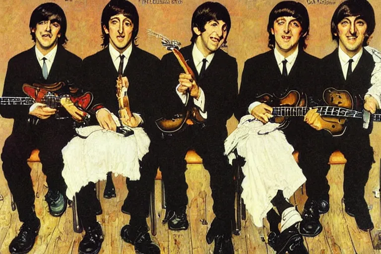 Prompt: painting of The Beatles, by Norman Rockwell