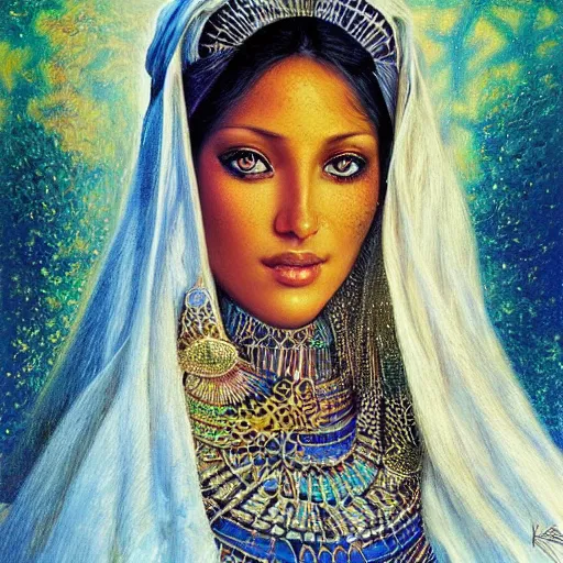 Prompt: a beautiful touareg algerian woman by karol bak, ayami kojima, artgerm, sakimichan, arabian beauty, blue eyes, smile, concept art, fantasy