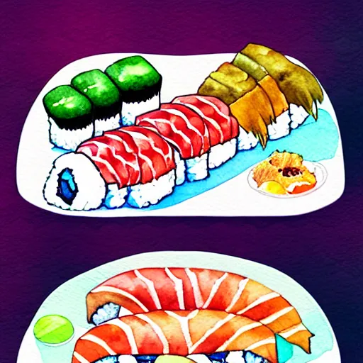 Prompt: a high detail watercolor of anime sushi. pixiv fanbox skeb.jp clipstudio medibang ichi-up CGWORLD key visual manga cover
