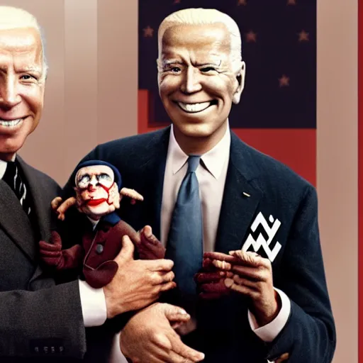 Prompt: UHD candid color photo of (Klaus Schwab in Nazi uniform) holding a (Joe Biden ventriloquist dummy), accurate faces, UHD, photorealistic, correct face, photo by Annie Leibowitz