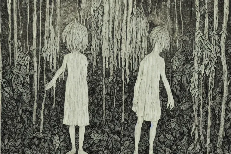 Image similar to a kid talking with a spirit like a ghost in the middle of a rain forest at night, realistic, obscure, dramatic scene, style of Angela Deane