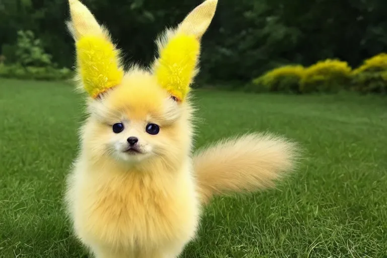 Image similar to real life jolteon pokemon, cute!!!, heroic!!!, adorable!!!, playful!!!, fluffly!!!, happy!!!, cheeky!!!, mischievous!!!, ultra realistic!!!, autumn, clear weather, ( golden hour ), sharp focus