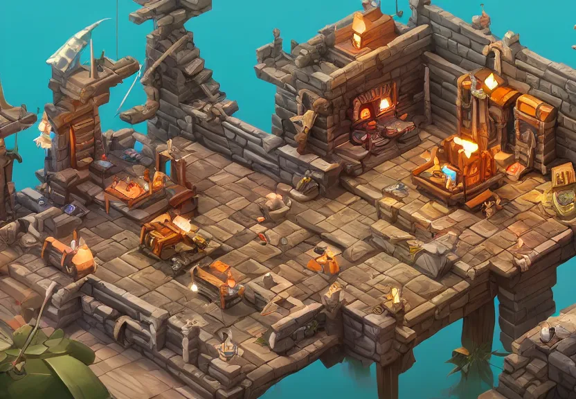 Image similar to isometric 3 d game level, based on pirate kings, with detailed, clean, cartoon, octane render, unreal engine, artgerm, artstation