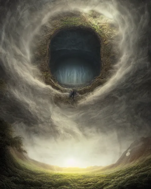 Prompt: photorealistic, the circular hollow earth fantastical landscape with the dreaming god in the middle of it, by anton semenov, trending on artstation, 4 k hd, gigapixel, fantasy art, sharpness applied, hyperrealism, low light, dark rainbow