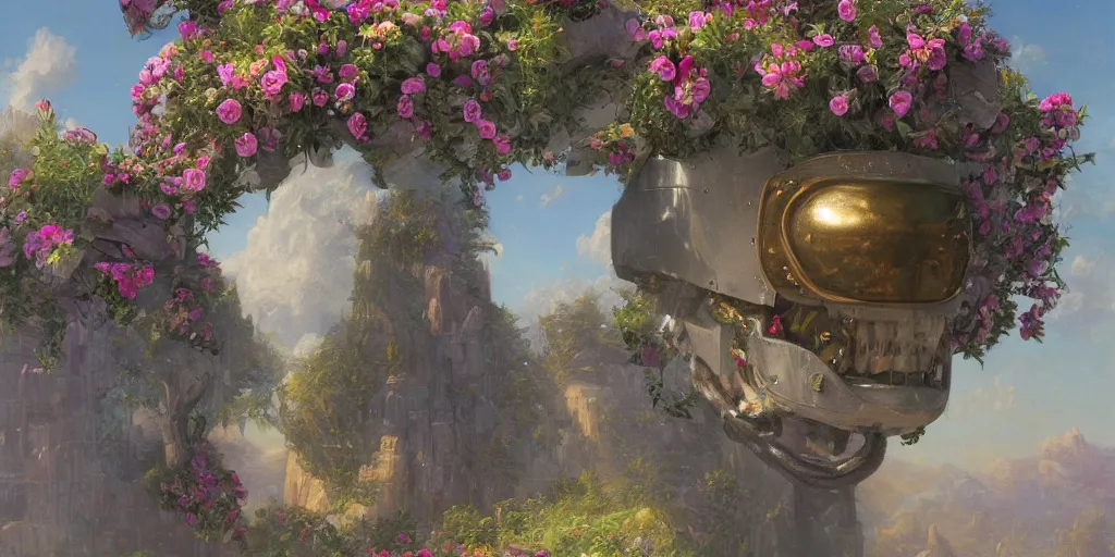 Prompt: robot head with flowers growing out, Thomas Cole, artgem, Tyler Edlin and Jean Delville, wide angle, minimalistic, highly detailed, masterpiece