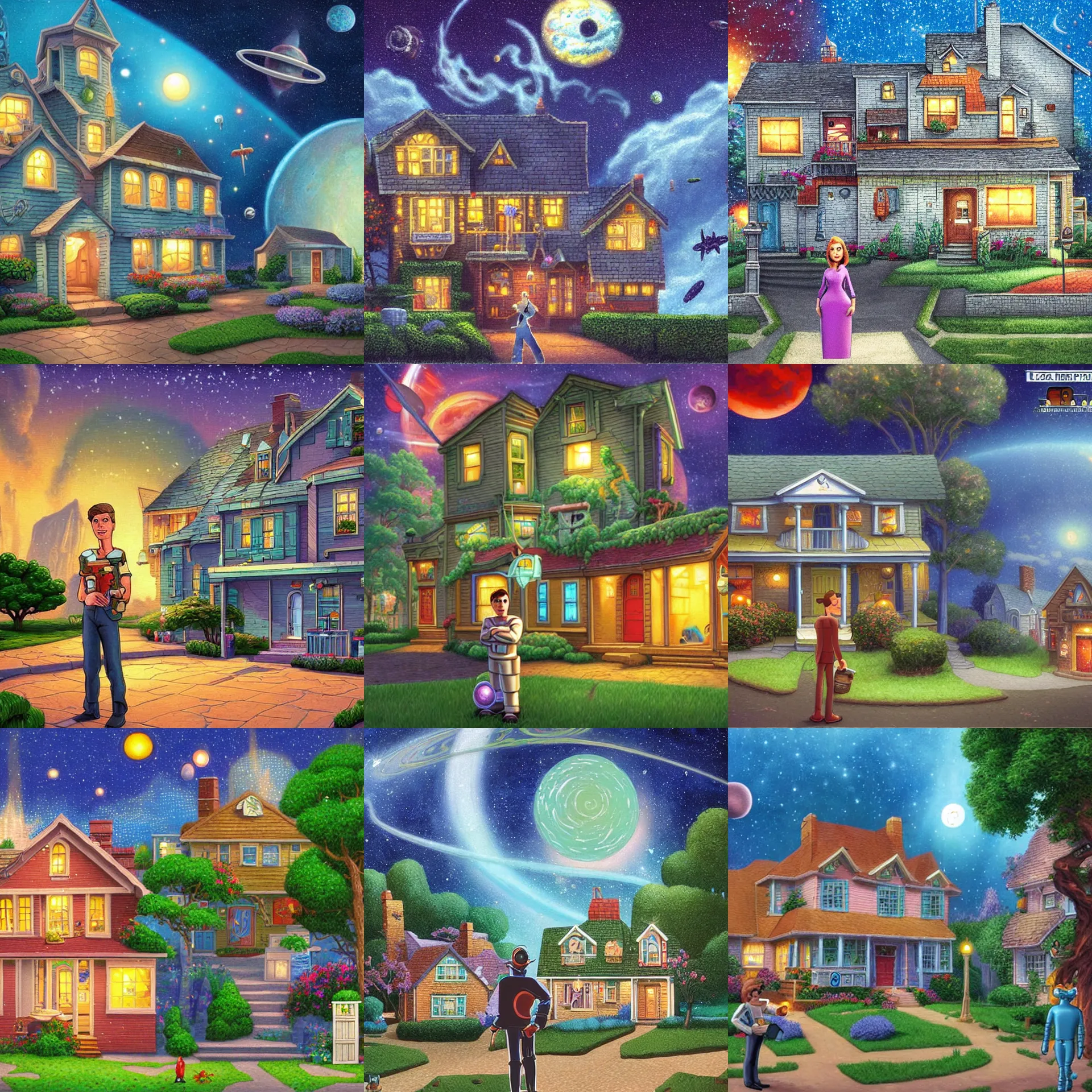 Prompt: main player character standing in front of a house, from a space themed lucasarts point and click 2 d graphic adventure game, art inspired by thomas kinkade