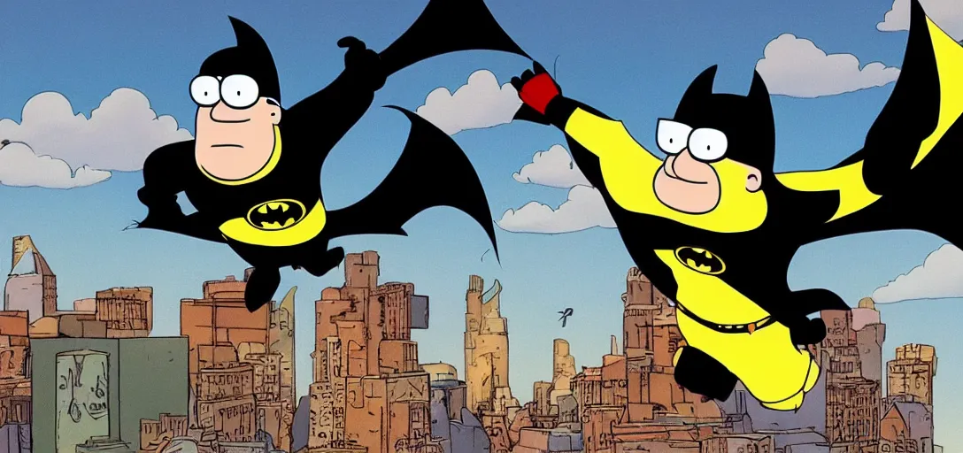 Image similar to peter griffin as batman, flying in sky